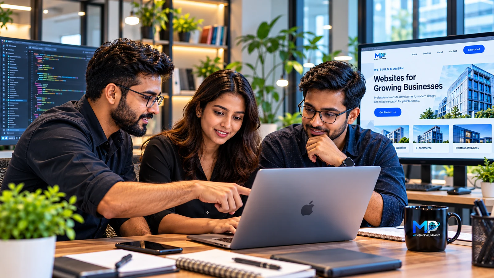 Three web professionals reviewing a website design together on a laptop