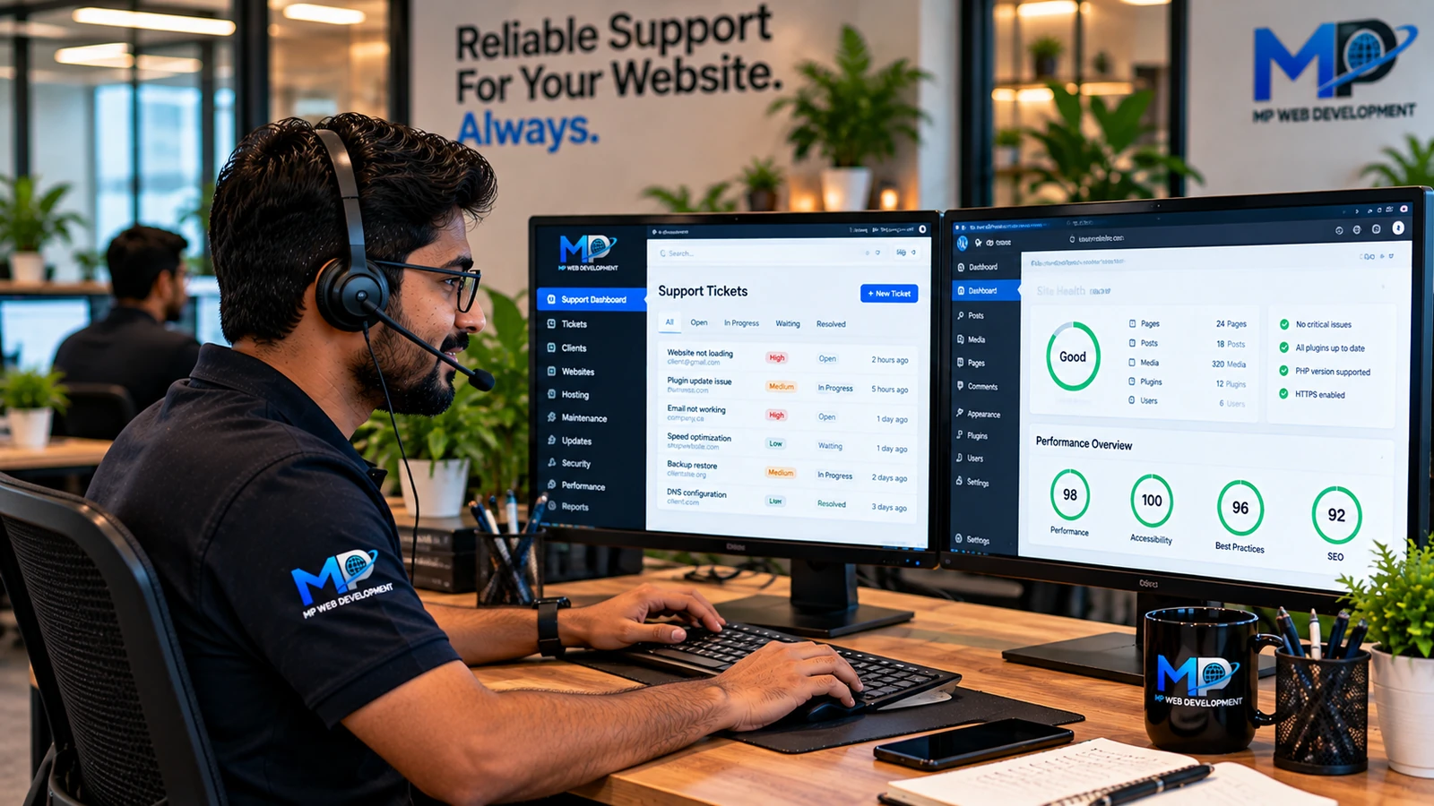 Support engineer with a headset working through website support tickets