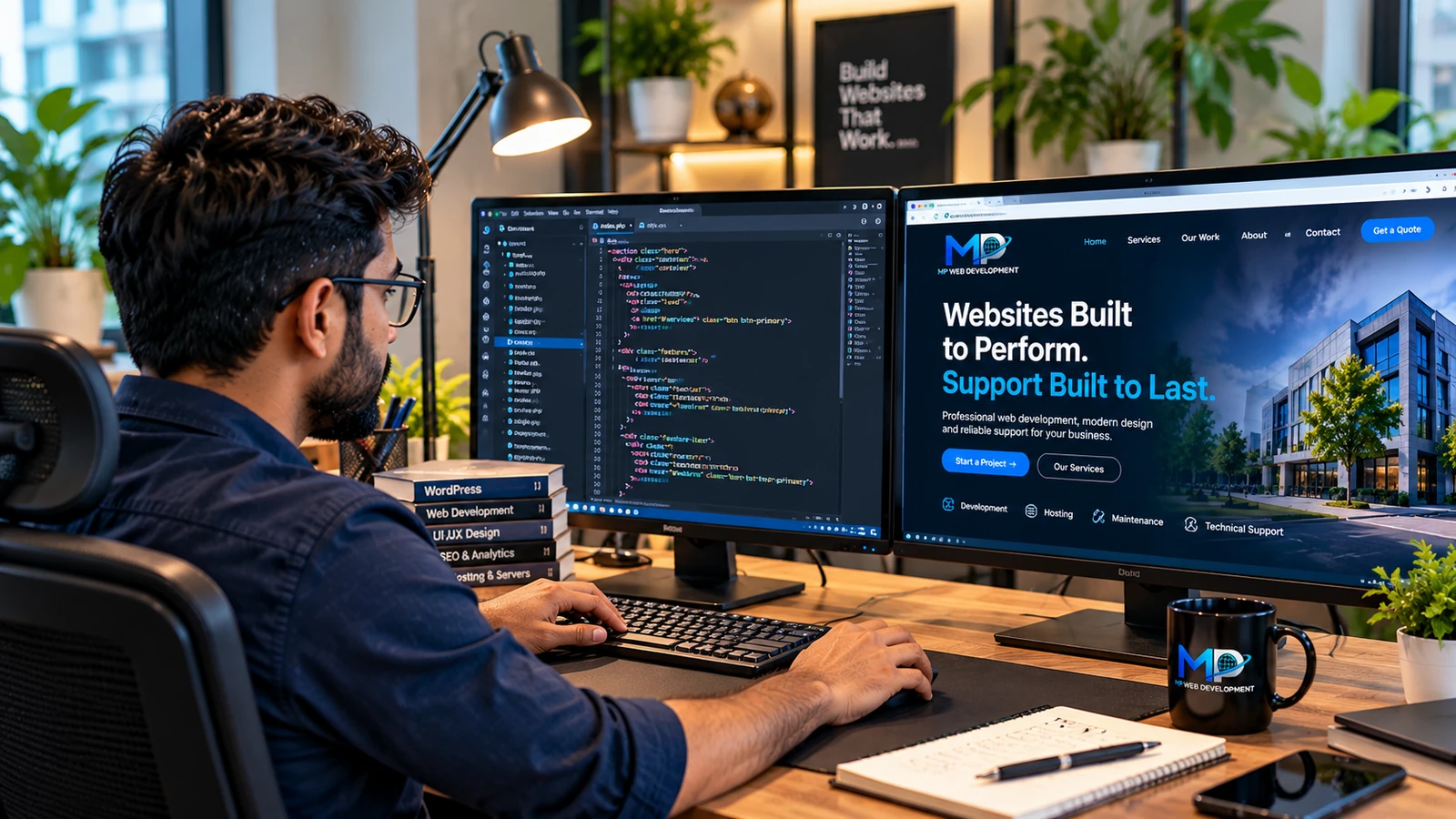 Web developer at a desk with code on one monitor and a website on the other